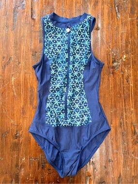 N brand women’s bathing suit size medium navy and aqua